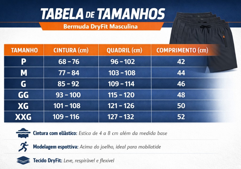 Tabela de medidas da bermuda DryFit