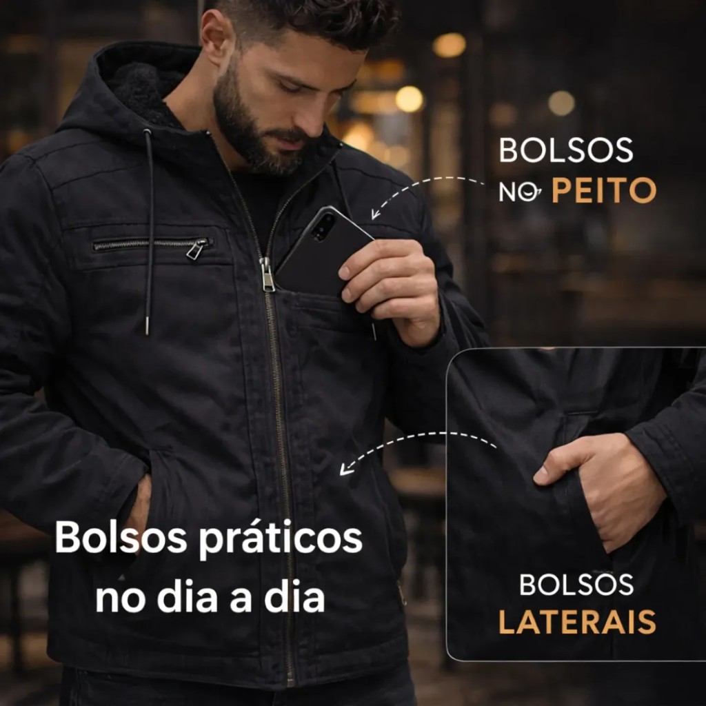 Jaqueta masculina de sarja — bolsos práticos no dia a dia, bolsos no peito e laterais