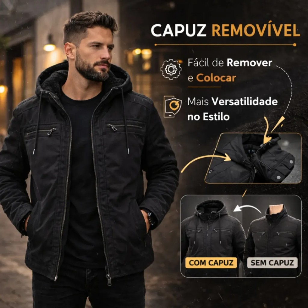 Capuz removível — fácil de remover e colocar, mais versatilidade no estilo, com e sem capuz
