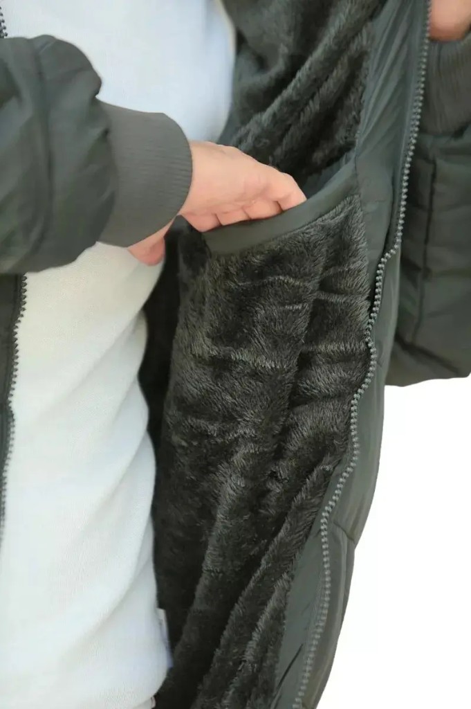 Forro interno premium da jaqueta masculina de sarja — pelúcia macia, aquecimento e bolso interno forrado